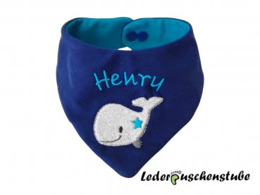 Wende Halstuch: Vorderseite: Jersey jeansblau, Namen türkis, Wal mit Stern tükis: Rückseite: Jersey türkis, Druckknopf blau
